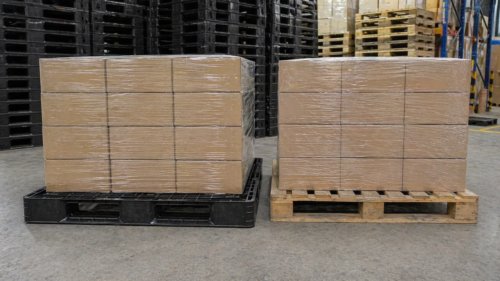 플라스틱 파레트와 목재 파레트 비교 현장 이미지